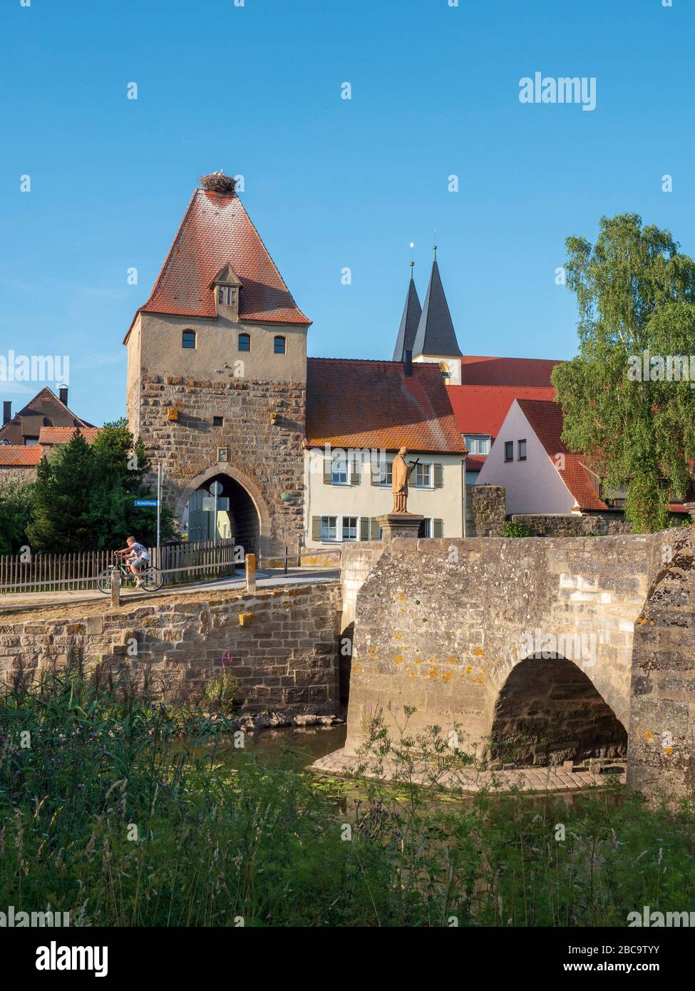 Herrieden old town, Storchenturm, Altmuehlbrücke, Middle Franconia, Franconia, Bavaria, Germany Stock Photo