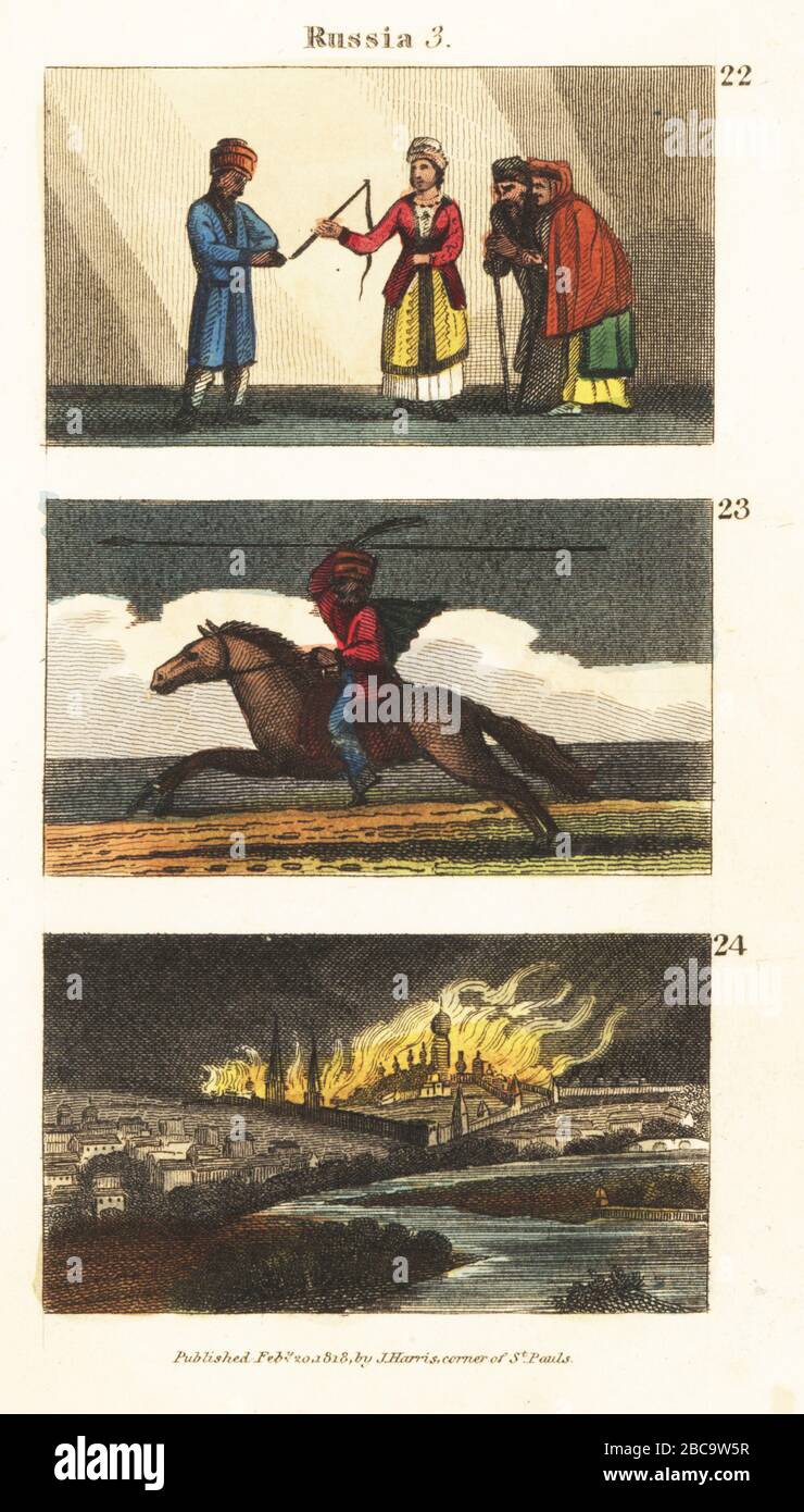 Russian bride presenting a whip to her husband 22, cossack with lance riding at gallop 23, and the razing of Moscow by the Russians in 1812 to defeat Napoleon 24. Handcoloured copperplate engraving from Rev. Isaac Taylor’s Scenes in Europe, for the Amusement and Instruction of Little Tarry-at-Home Travelers, John Harris, London, 1819. Stock Photo