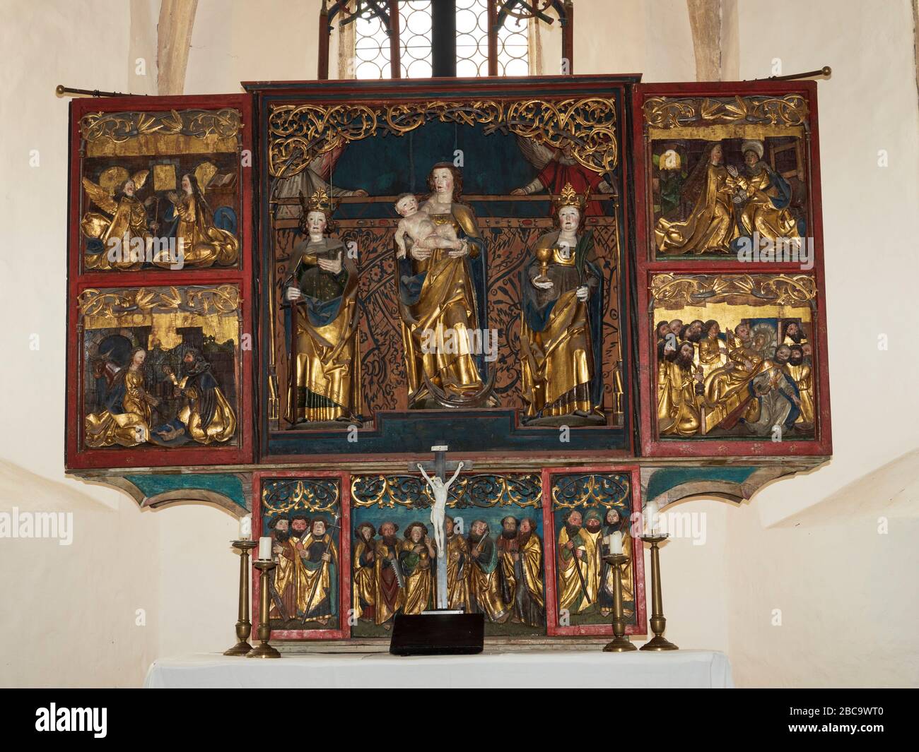 Pappenheim, Romanesque Galluskirche 9th century, altar, Franconia, Bavaria, Germany Stock Photo