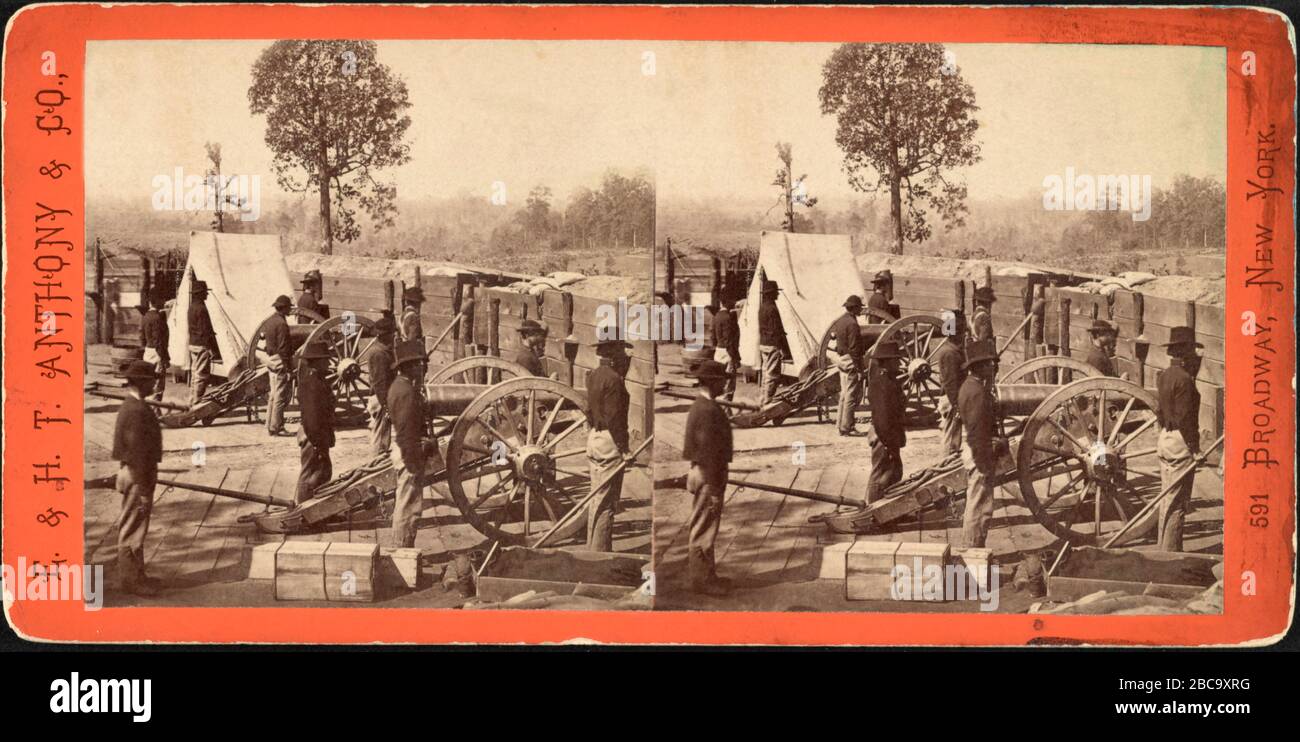 Union Soldiers standing by Mounted Cannons inside Confederate Fort, Atlanta, Georgia, Stereo Card, George N. Barnard, E. & H.T. Anthony & Co., November 1864 Stock Photo