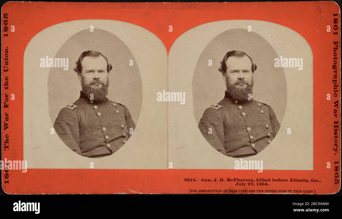 Union General James Birdseye McPherson, Head and Shoulders Portrait, killed before Siege on Atlanta, Georgia, Stereo Card, the War Photograph & Exhibition Co., early 1860's Stock Photo