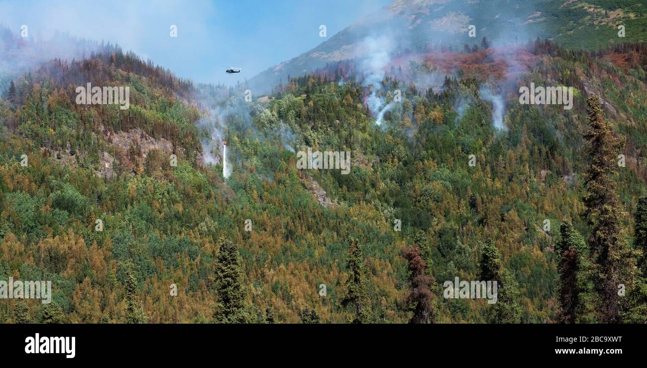 helicopter dropping water on smoke on hillside Stock Photo