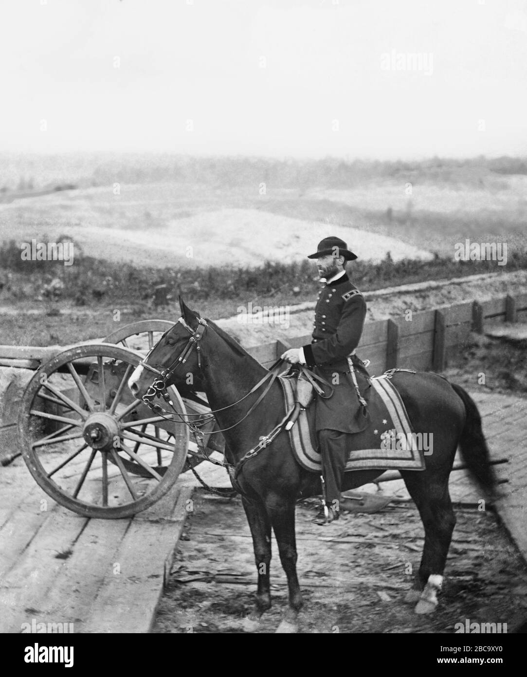 Union General William Sherman on Horseback at Federal Fort, Atlanta, Georgia, photo by George N. Barnard, 1864 Stock Photo