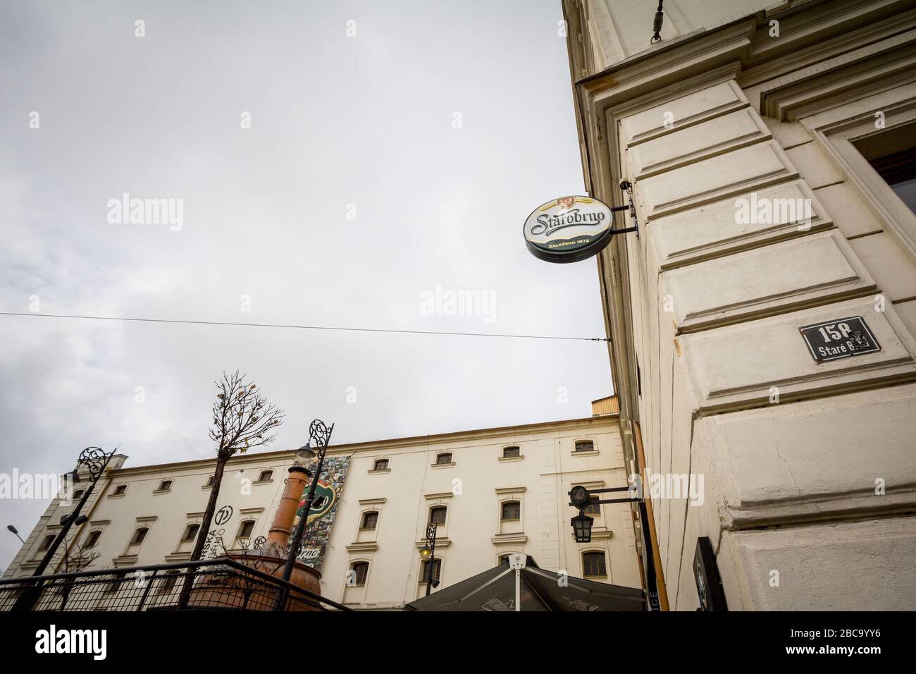 BRNO, CZECHIA - NOVEMBER 5, 2019: Starobrno logo in front of their main brewery and headquarters. Starobrno is a Czech brand of light lager beer, one Stock Photo