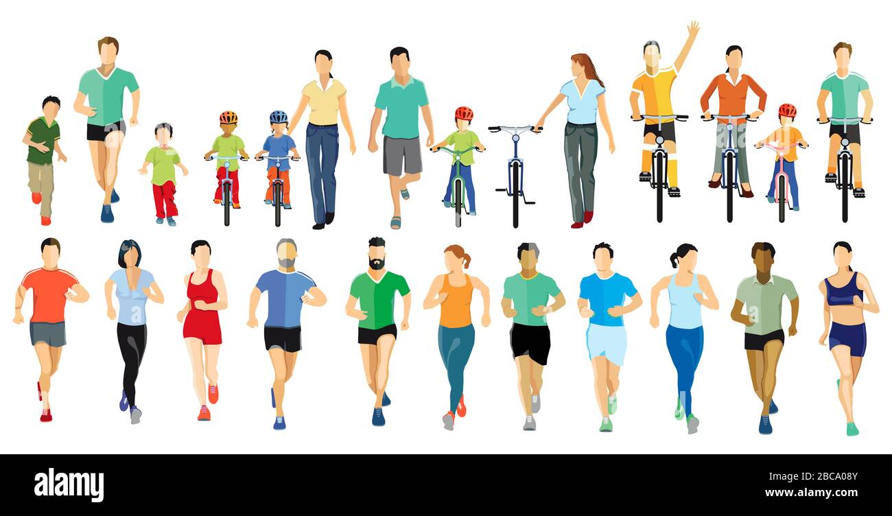 People running and cycling while doing sports Stock Vector