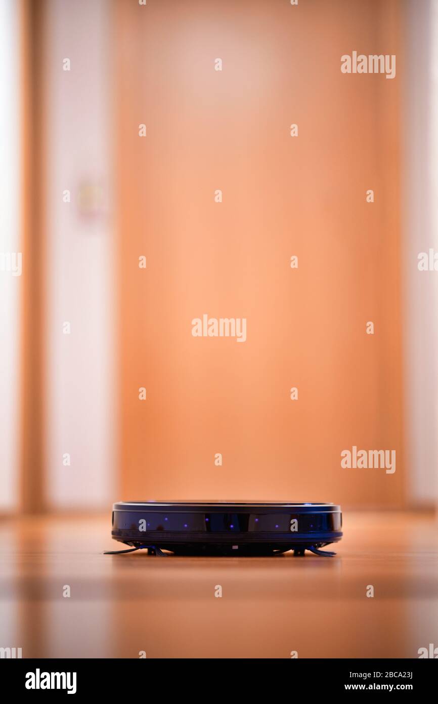 Robot vacuum cleaner on parquet floor, Baden-Württemberg, Germany Stock Photo