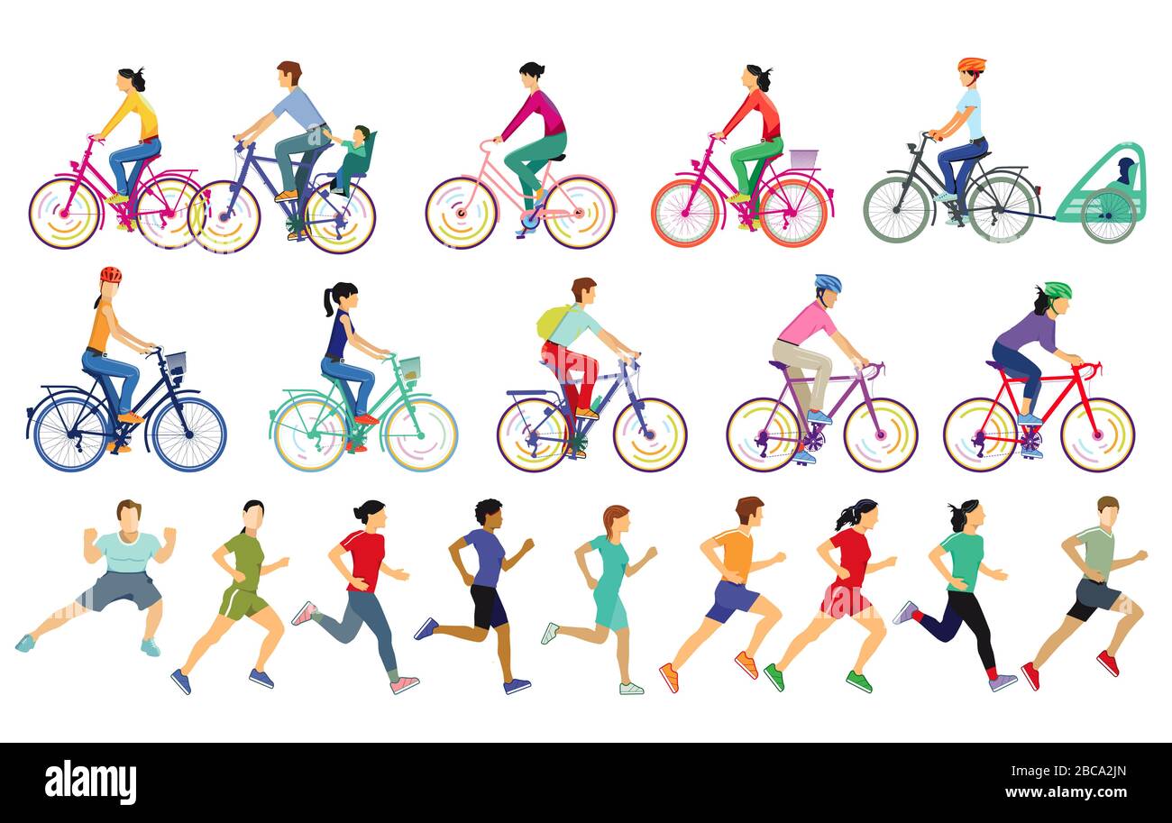 People running and cycling while doing sports Stock Vector