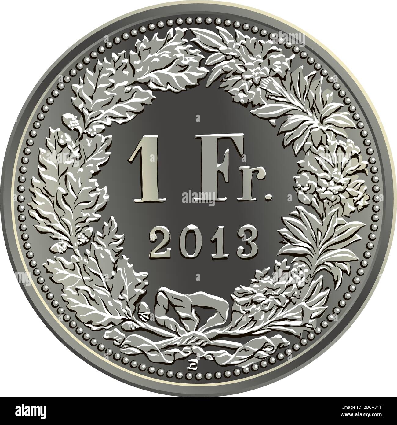 Reverse of 1 Swiss franc silver coin with 1 Fr and year in wreath of oak leaves and gentian, official coin in Switzerland Stock Vector