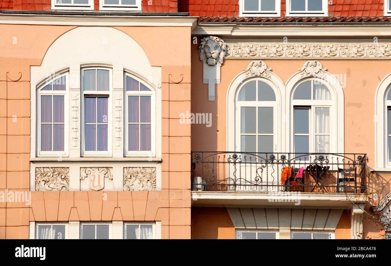 Decorated window with balcony, old residential building, Bremerhaven-Geestemünde, Bremerhaven, Bremen, Germany, Europe Stock Photo