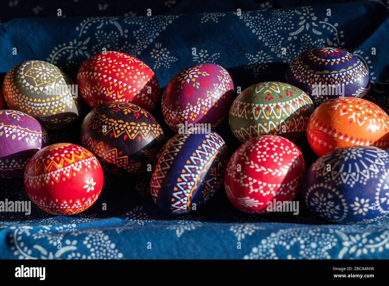 Sorbian Easter eggs, wax batik technique, richly decorated chicken eggs. Stock Photo