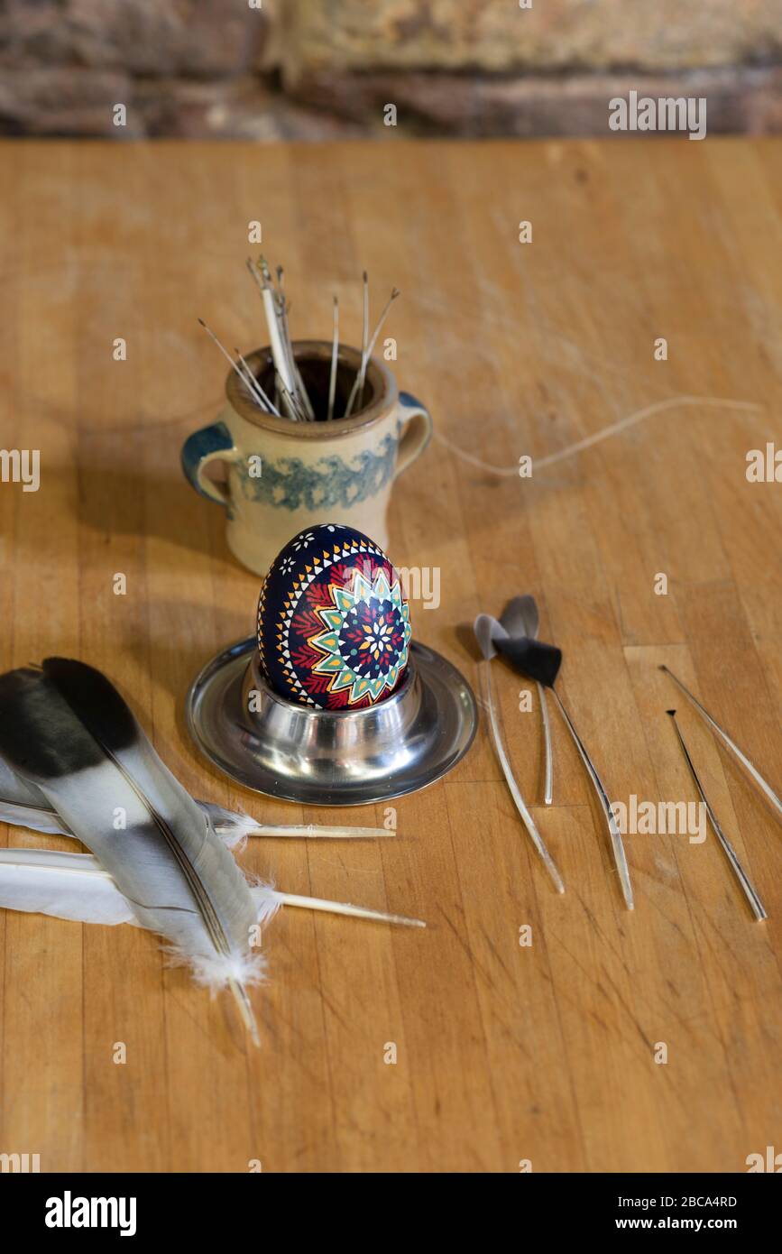 Pigeon feathers, quills, Sorbian Easter egg Stock Photo