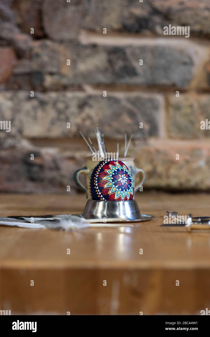 Pigeon feathers, quills, Sorbian Easter egg Stock Photo