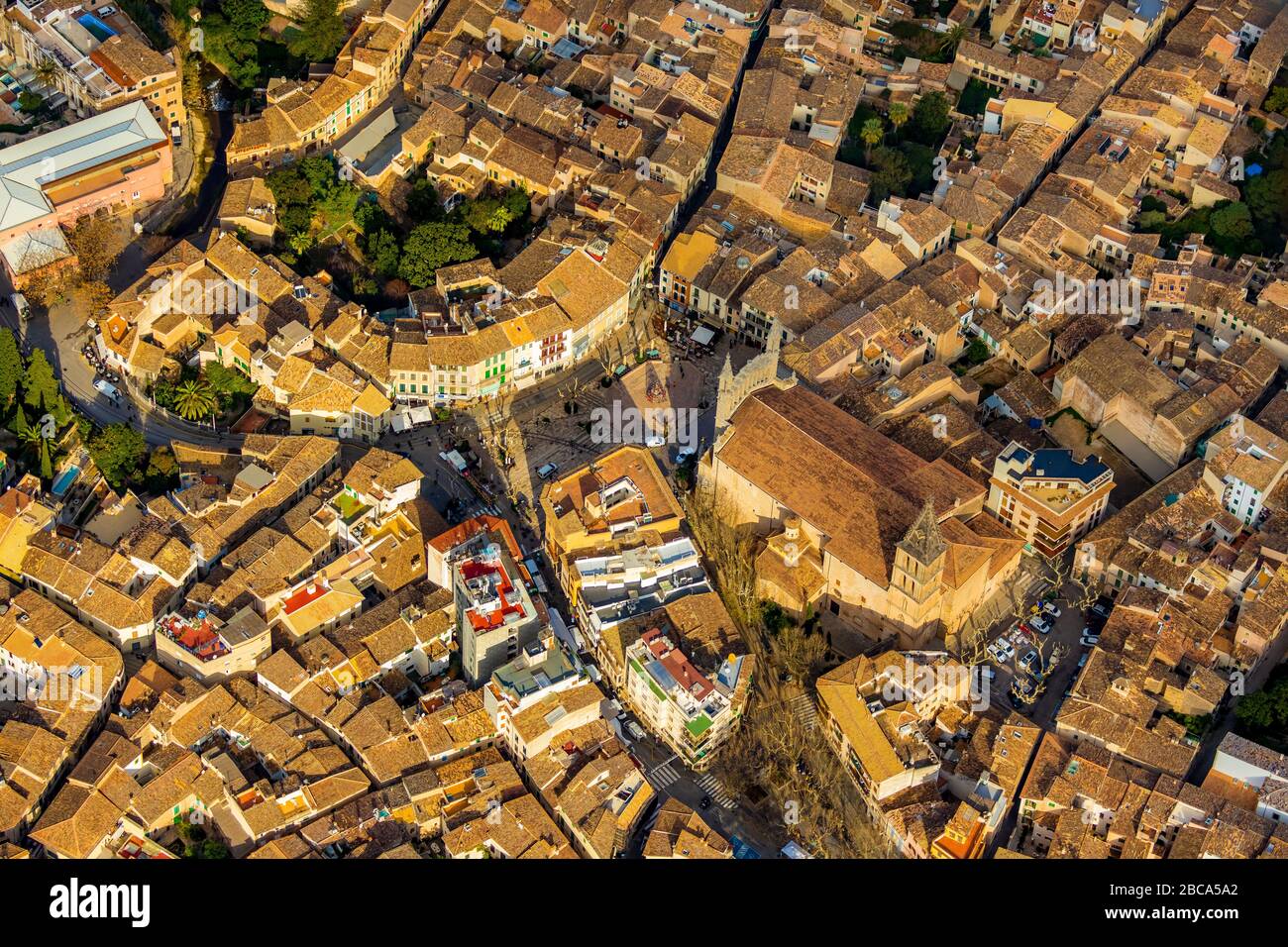 Aerial photo, cath. Church of St. Bartholomew, Església parroquial de Sant Bartomeu de Sóller, Sóller, Europe, Balearic Islands, Spain Stock Photo
