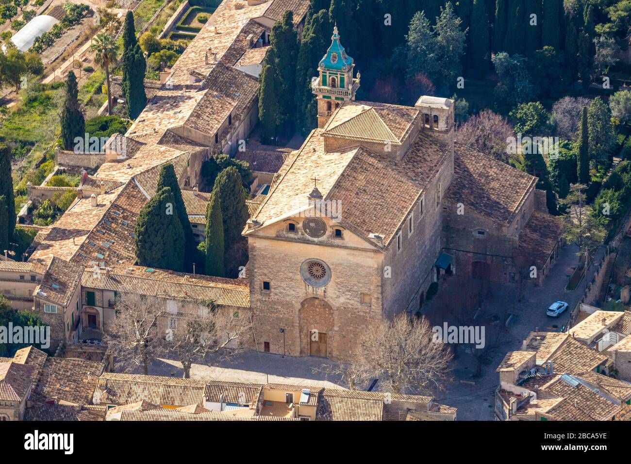 Aerial view, island, Convent of the Carthusian Order, Museu Cartoixa de Valldemossa, Museu Frédéric Chopin i George Sand, Museu Municipal de Valldemos Stock Photo