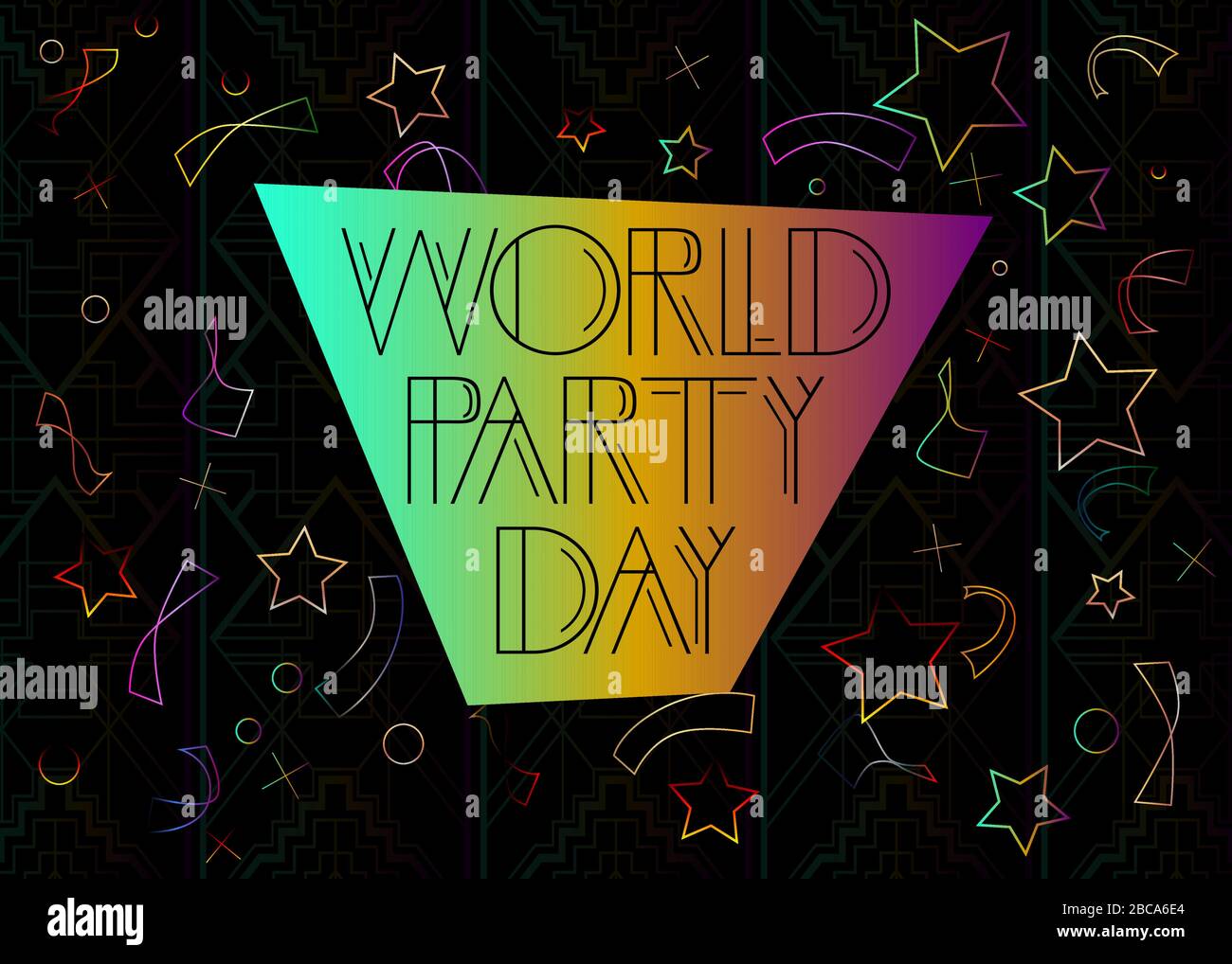 Art Deco World Party Day (April 3) text. Decorative greeting card, sign with vintage letters. Stock Vector