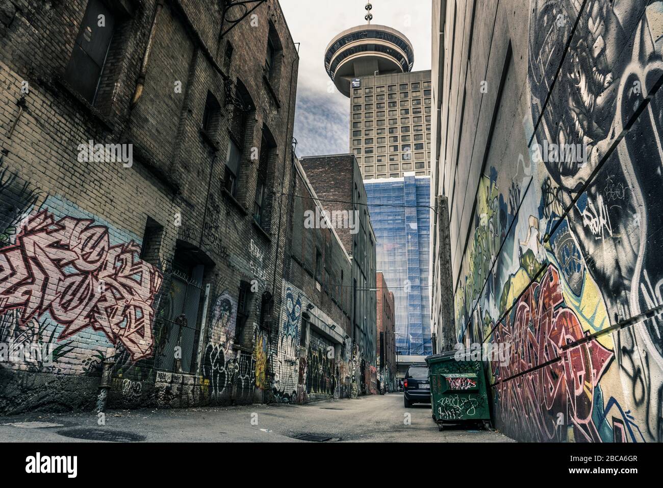 Dark side of Vancouver. Back alleys with graffiti and Vancouver Lookout