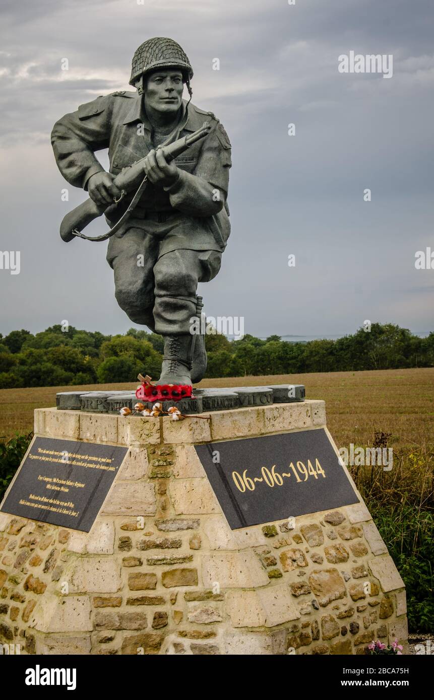 Near Utah Beach stands a new monument to combat leadership, dedicated to f Maj. Richard Winters, from Company E, 2nd Battalion, 506th Parachute Infant Stock Photo
