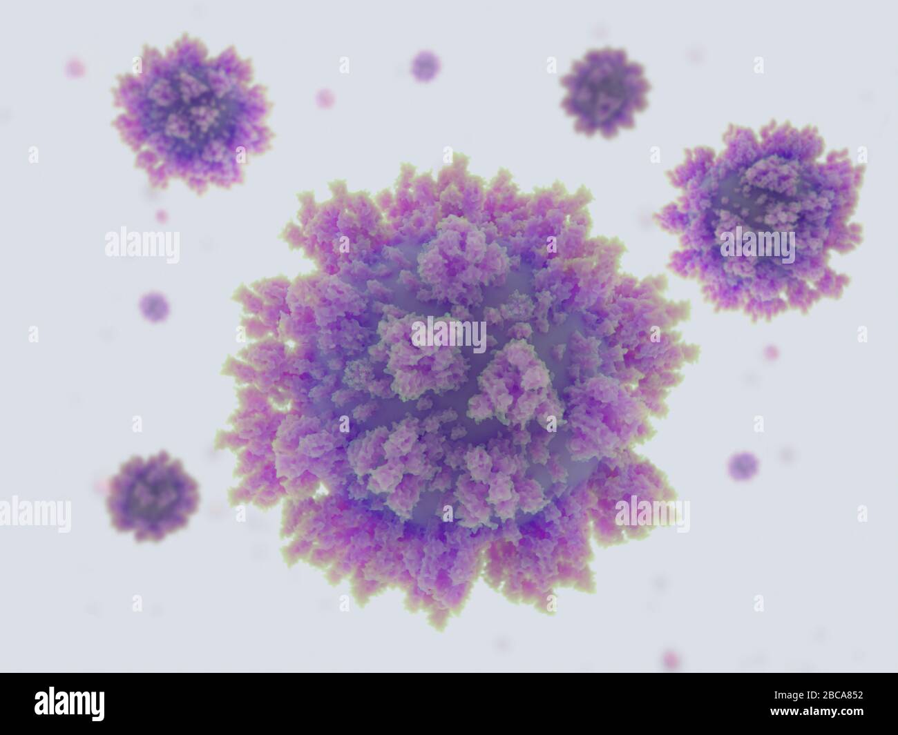 Covid-19 coronavirus particles, illustration. The SARS-CoV-2 coronavirus was first identified in Wuhan, China, in December 2019. It is an enveloped RNA (ribonucleic acid) virus. Within the membrane are spike proteins (large protrusions) as well as membrane proteins and envelope proteins. SARS-CoV-2 causes the respiratory infection Covid-19, which can lead to fatal pneumonia. As of March 2020, the virus has spread to many countries worldwide and has been declared a pandemic. Hundreds of thousands have been infected with tens of thousands of deaths. Stock Photo