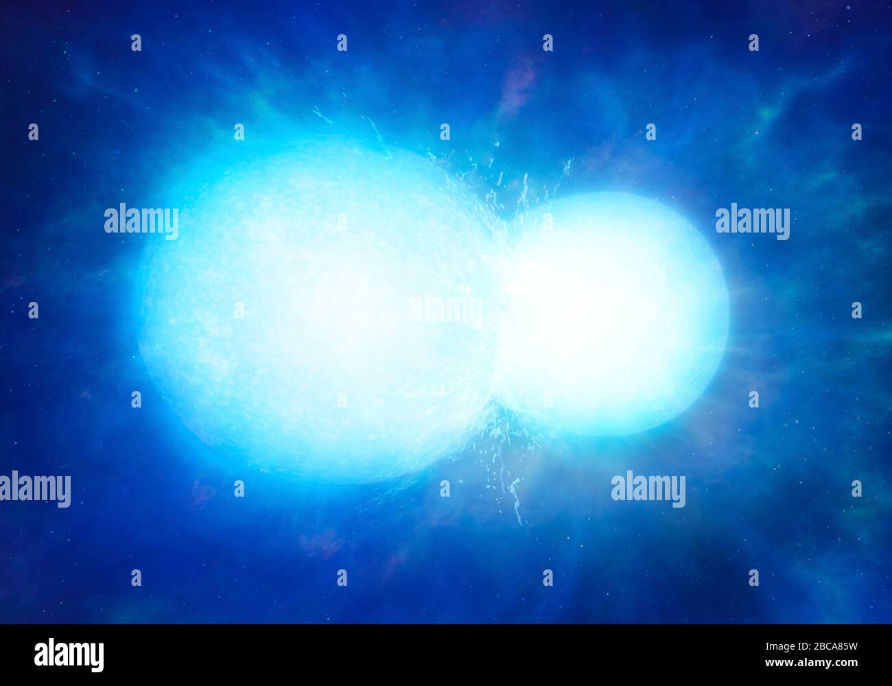 An image showing the collision of two white dwarfs, which will eventually merge to form a single, larger star. A team led by Mark Hollands, of Warwick University, discovered a white dwarf with bizarre characteristics, such as a very high mass, a high speed through the galaxy, and high levels of carbon in its atmosphere. They conclude that the object resulted from the merger of two more normal white dwarfs. Stock Photo