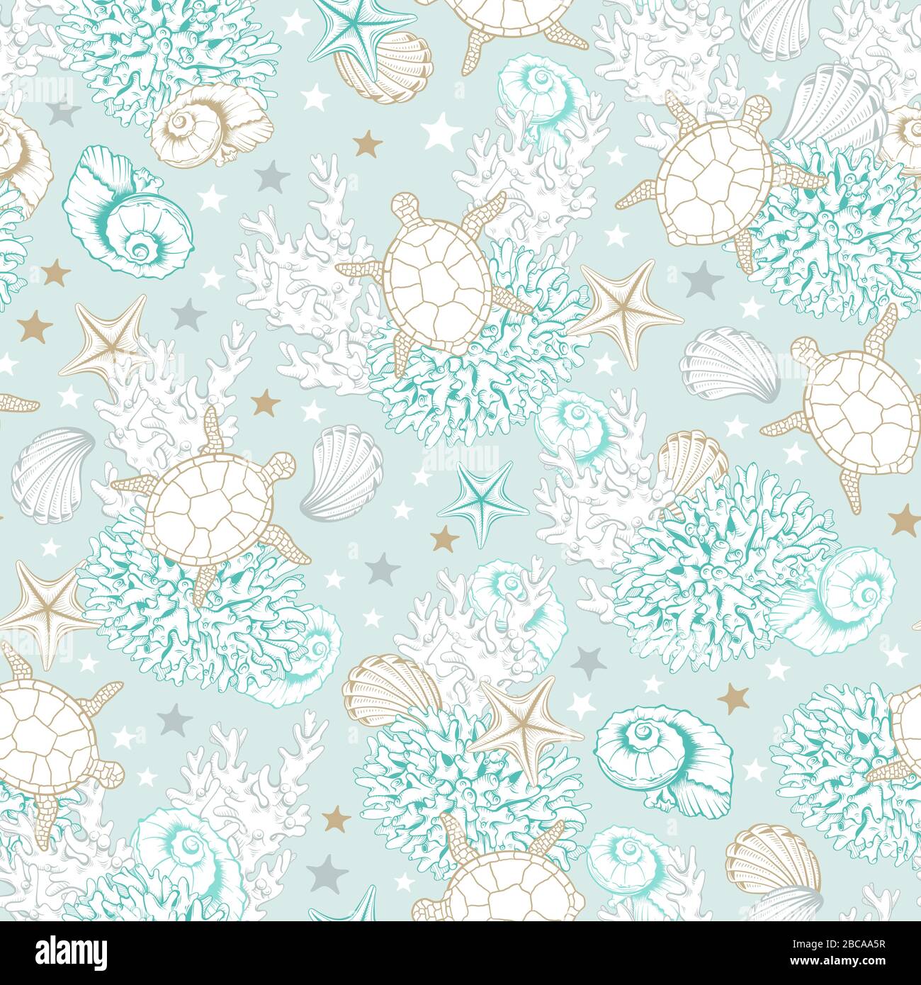 Ocean seashells pattern background, vector sketch line art sea shells, corals and turtles. Underwater marine surface pattern design, engraved design in pastel gold and turquoise color Stock Vector
