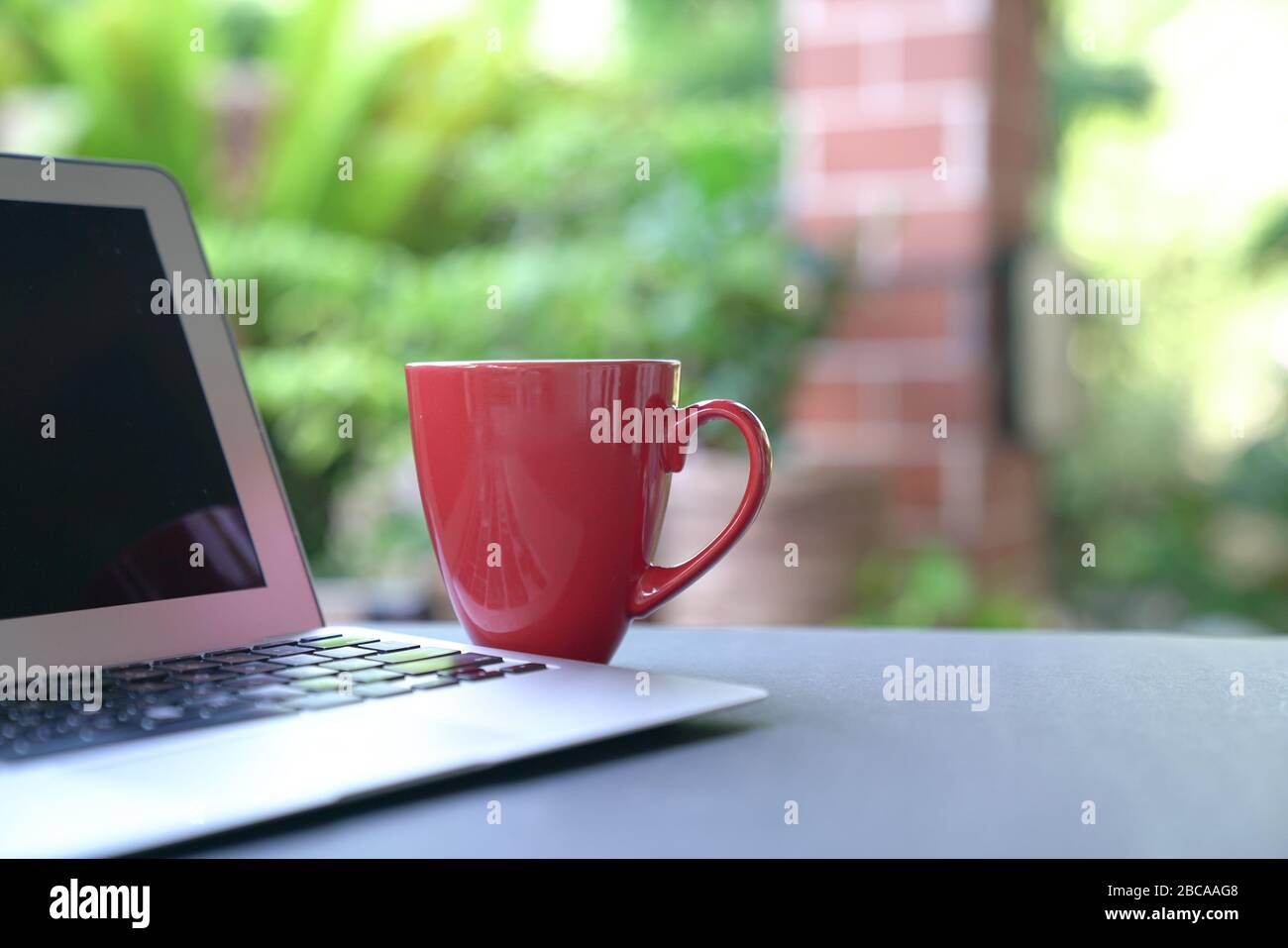 Computer laptop and coffee in red cup with garden background. Work from home. Copy space. Stock Photo
