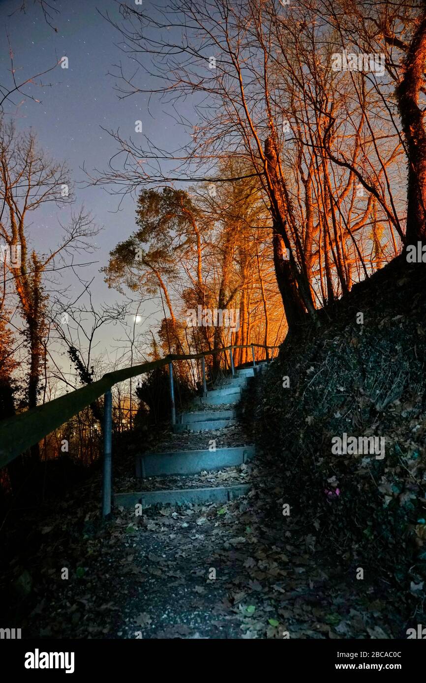 Germany, Bavaria, Upper Bavaria, Altötting, city park, footpath, stairway, uphill, in the evening, afterglow Stock Photo