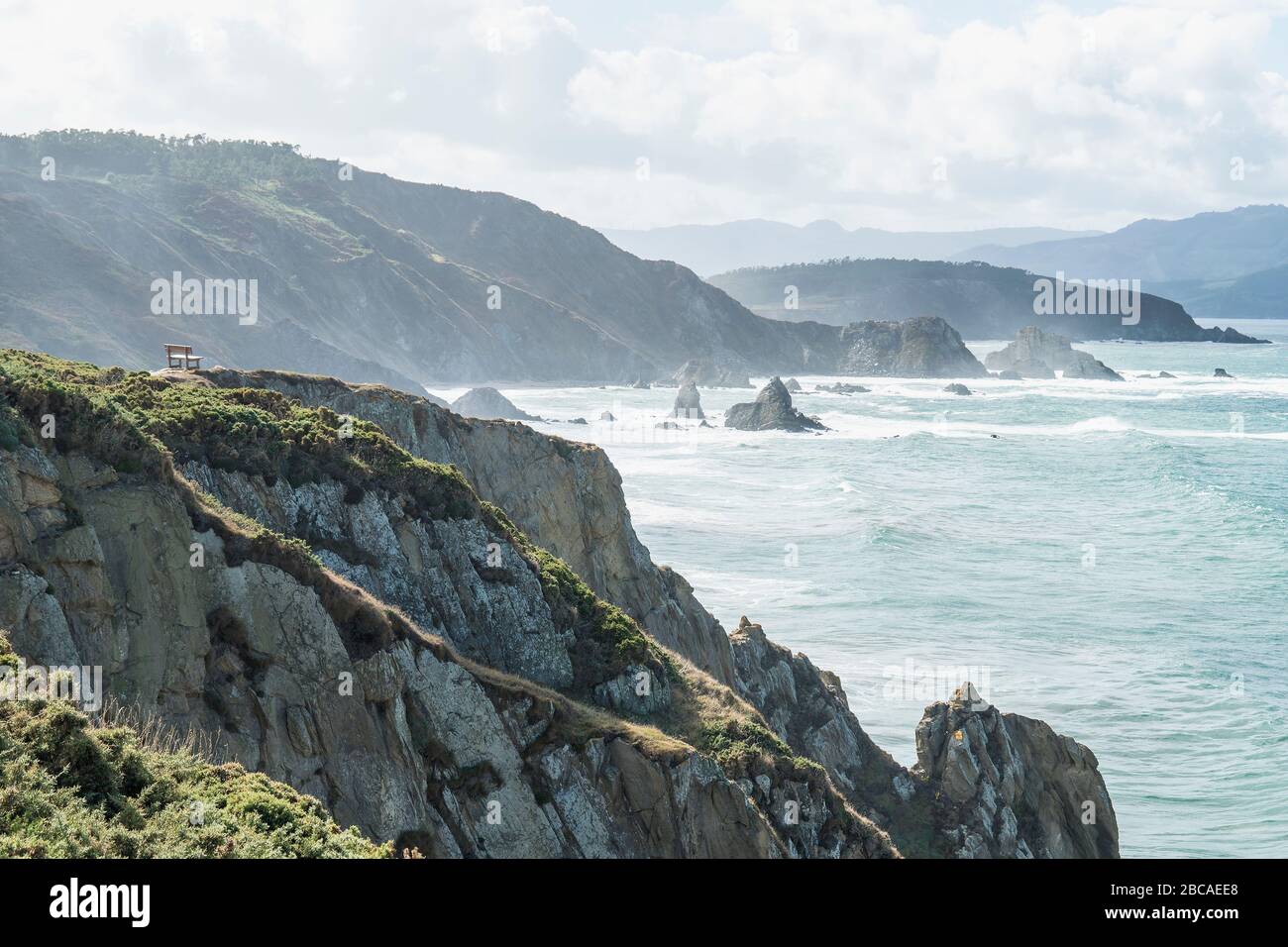 Spain, north coast, Galicia, Acantilados de Loiba, "El banco más bonito del mundo" (most beautiful bank in the world) Stock Photo