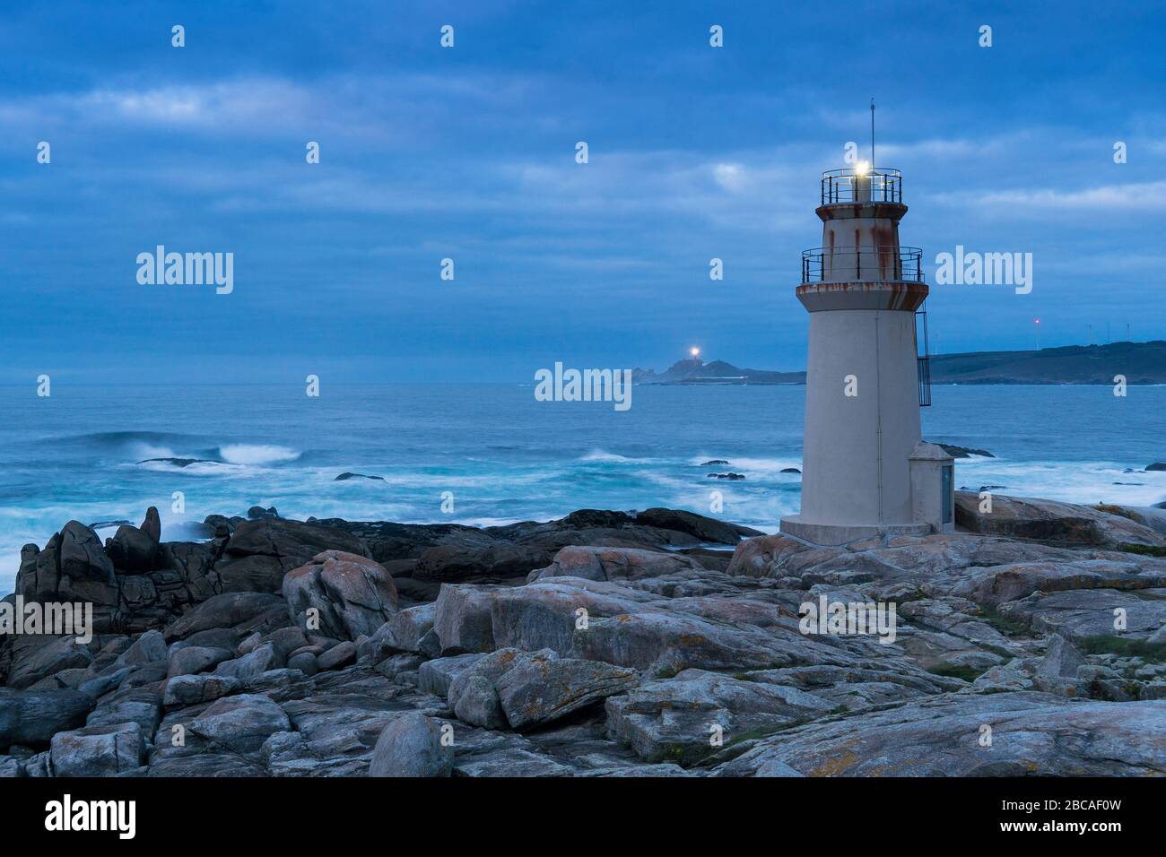 Spain, north coast, Galicia, Costa da Morte, Muxia, Faro de Muxia, blue hour Stock Photo