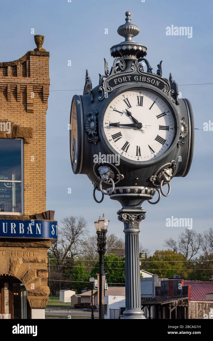 Post clock in historic downtown Fort Gibson, the oldest town in Oklahoma. (USA) Stock Photo