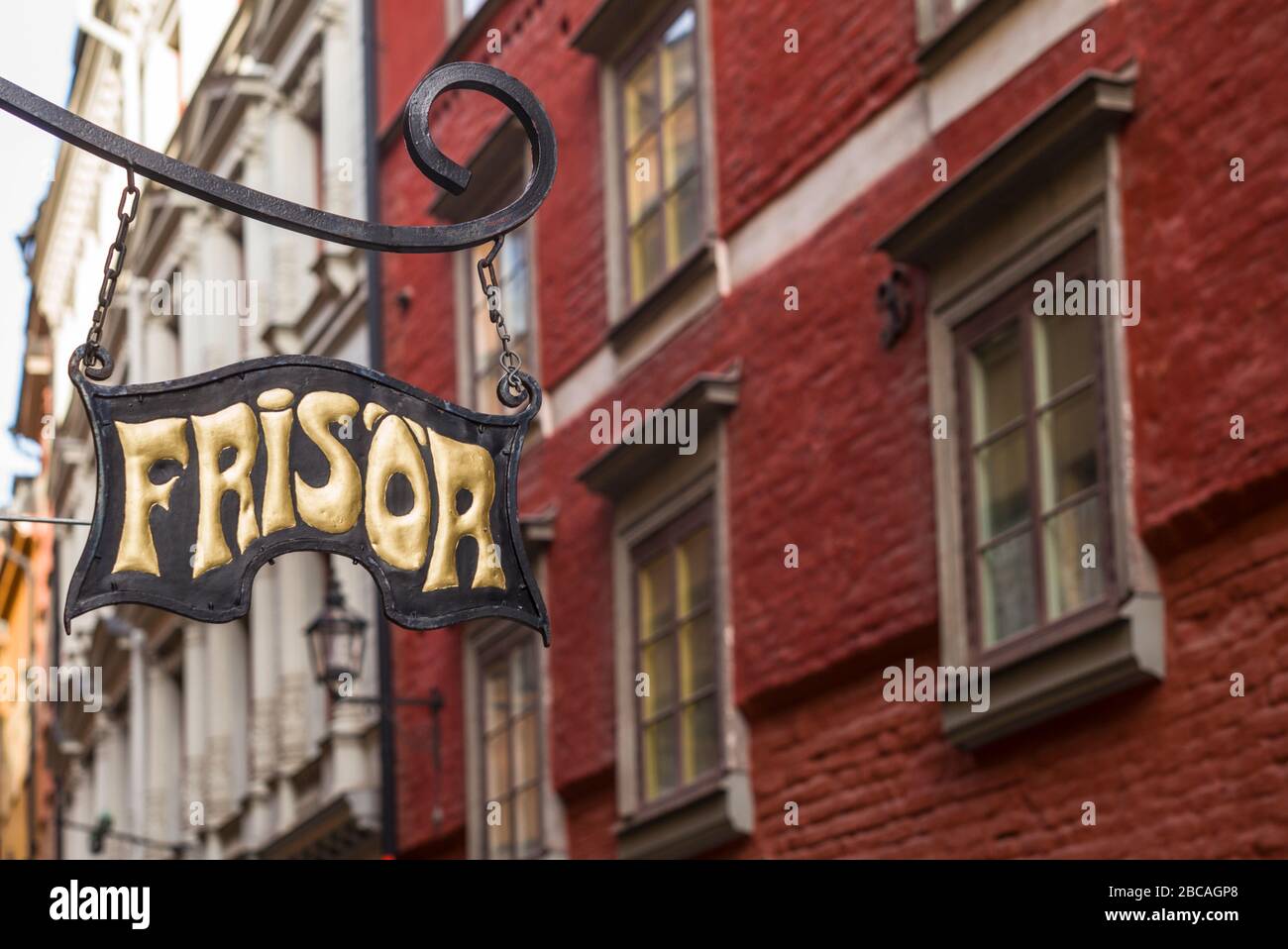 Sweden, Stockholm, Gamla Stan, Old Town, hair dresser sign Stock Photo Alamy