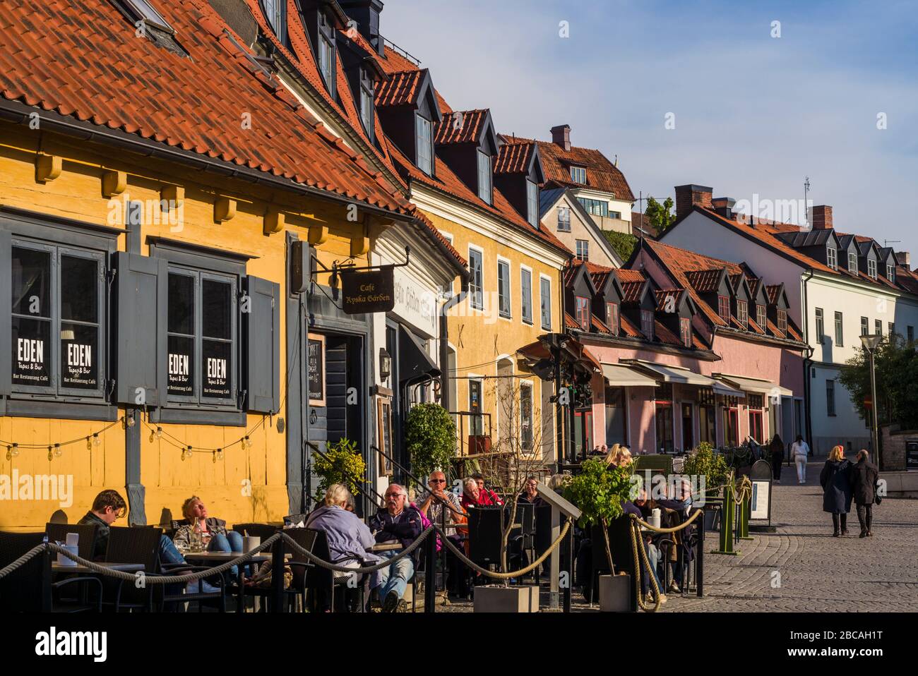 Sweden, Gotland Island, Visby, Stora Torget Square, outdoor cafe, Stock Photo