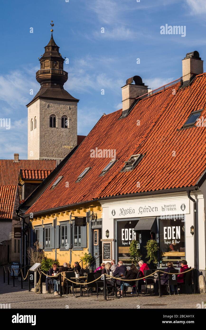 Sweden, Gotland Island, Visby, Stora Torget Square, outdoor cafe, Stock Photo