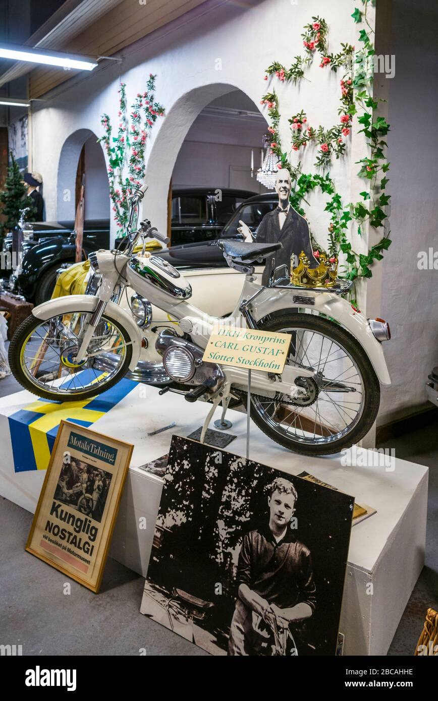 Sweden, Southeast Sweden, Lake Vattern Area, Motala, Motala Motor Museum, moped that belonged to current Swedish King Carl Gustav XVI when he was a pr Stock Photo