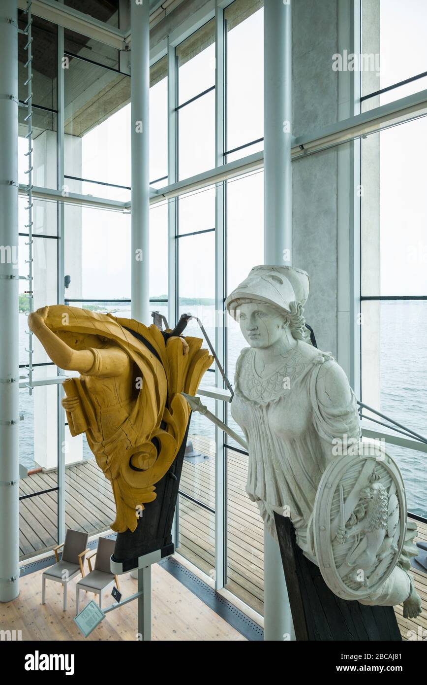 Sweden, Southern Sweden, Karlskrona, Marinmuseum, gallery of ship figureheads Stock Photo