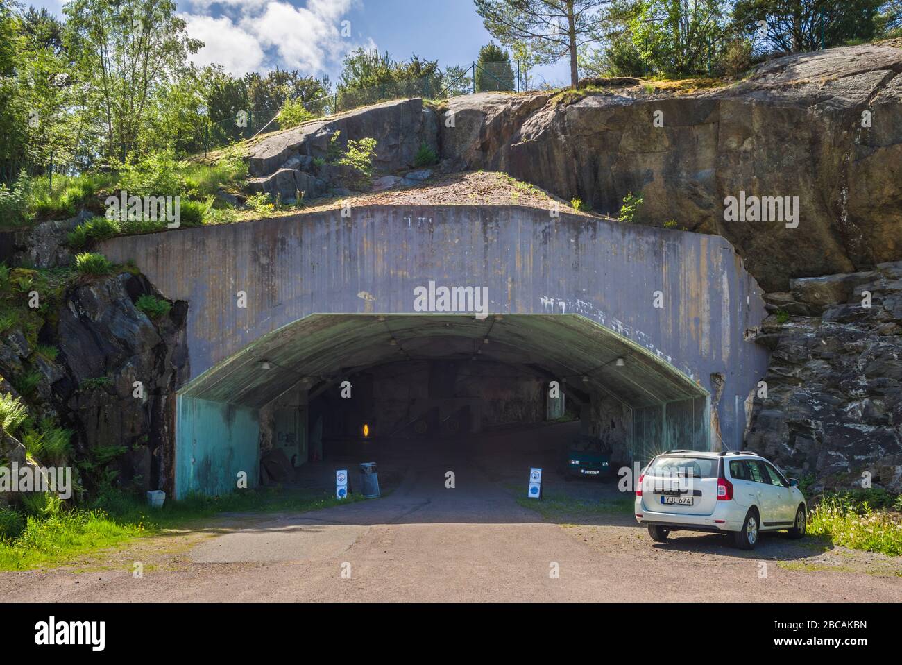 Sweden, Vastragotland and Bohuslan, Gothenburg, The Aeroseum, fomer underground jet fighter base built during the Cold War under rock, entrance Stock Photo