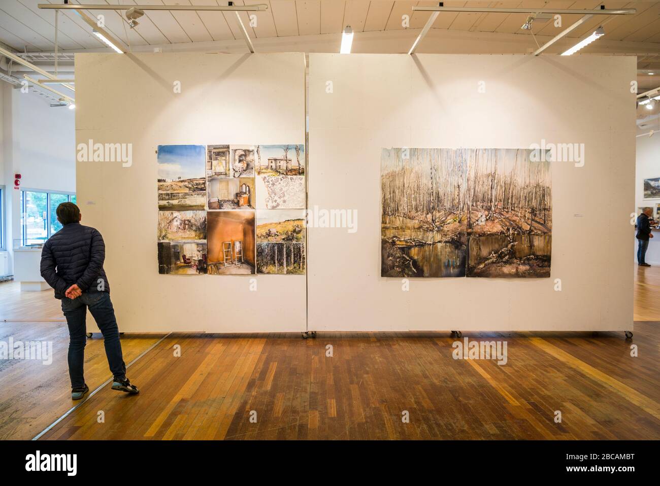 Sweden, Varmland, Karlstad, Sandgrund Karlstad, former dancehall now a gallery for famed Swedish artist Lars Lerin, interior with visitors, Stock Photo