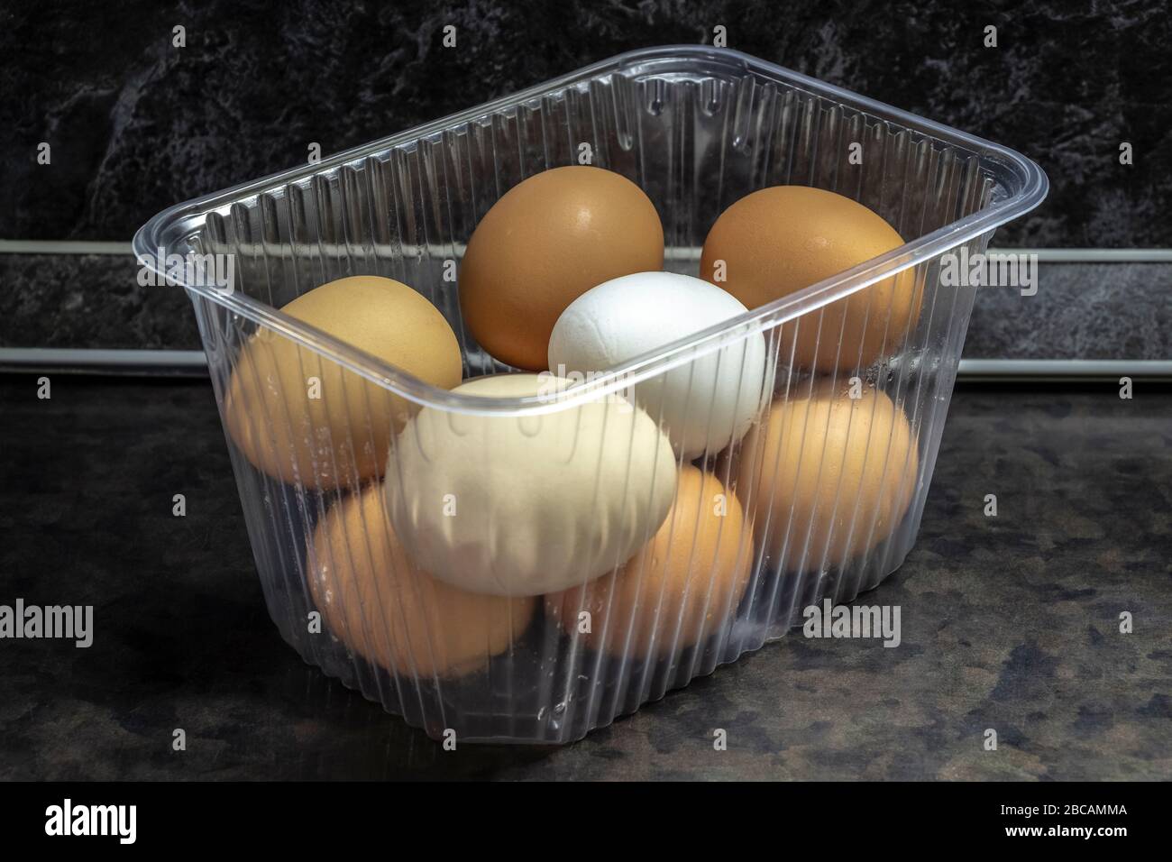 Chicken eggs in a plastic transparent container on the kitchen table. Stock Photo