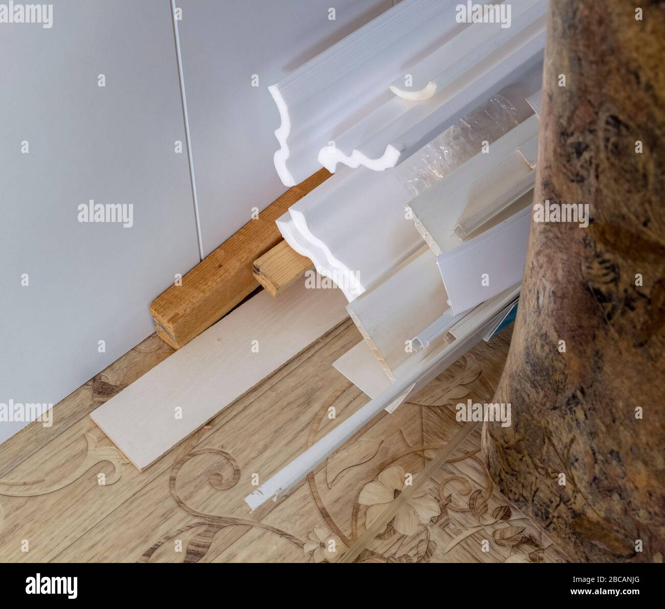 Finishing building materials are in the corner due to suspended repairs