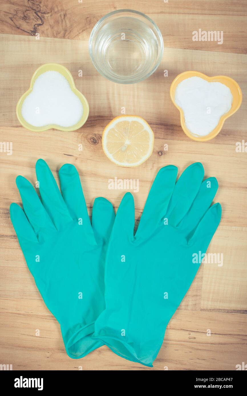 Rubber gloves and natural detergents for cleaning different surfaces