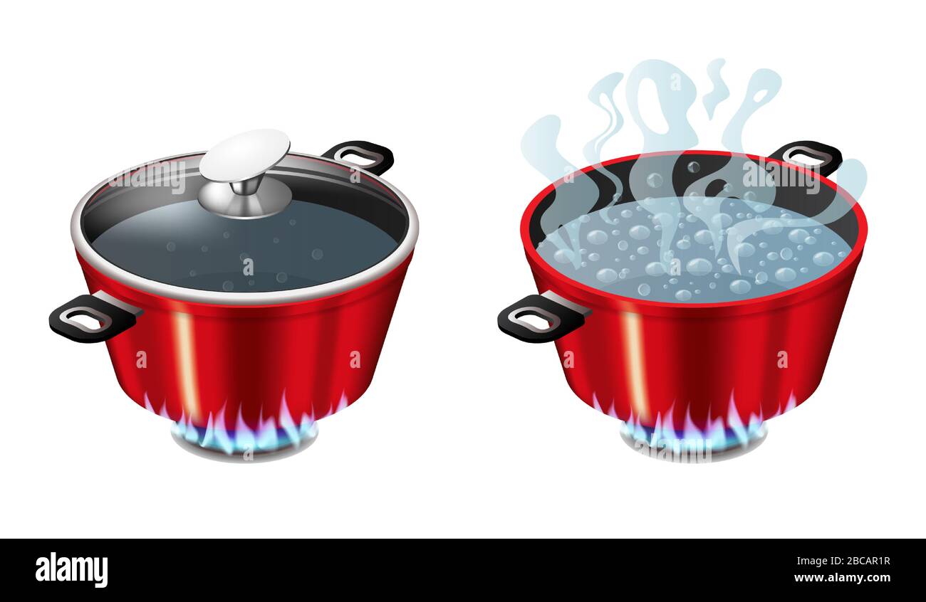 Set of red pans with boiling water, opened and closed pan lid Stock