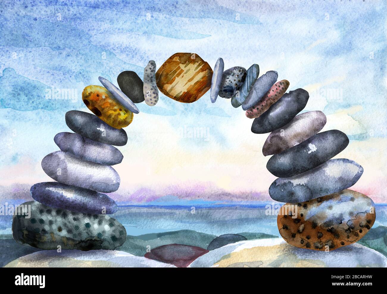Watercolour painting of an arch of pebbles Stock Photo