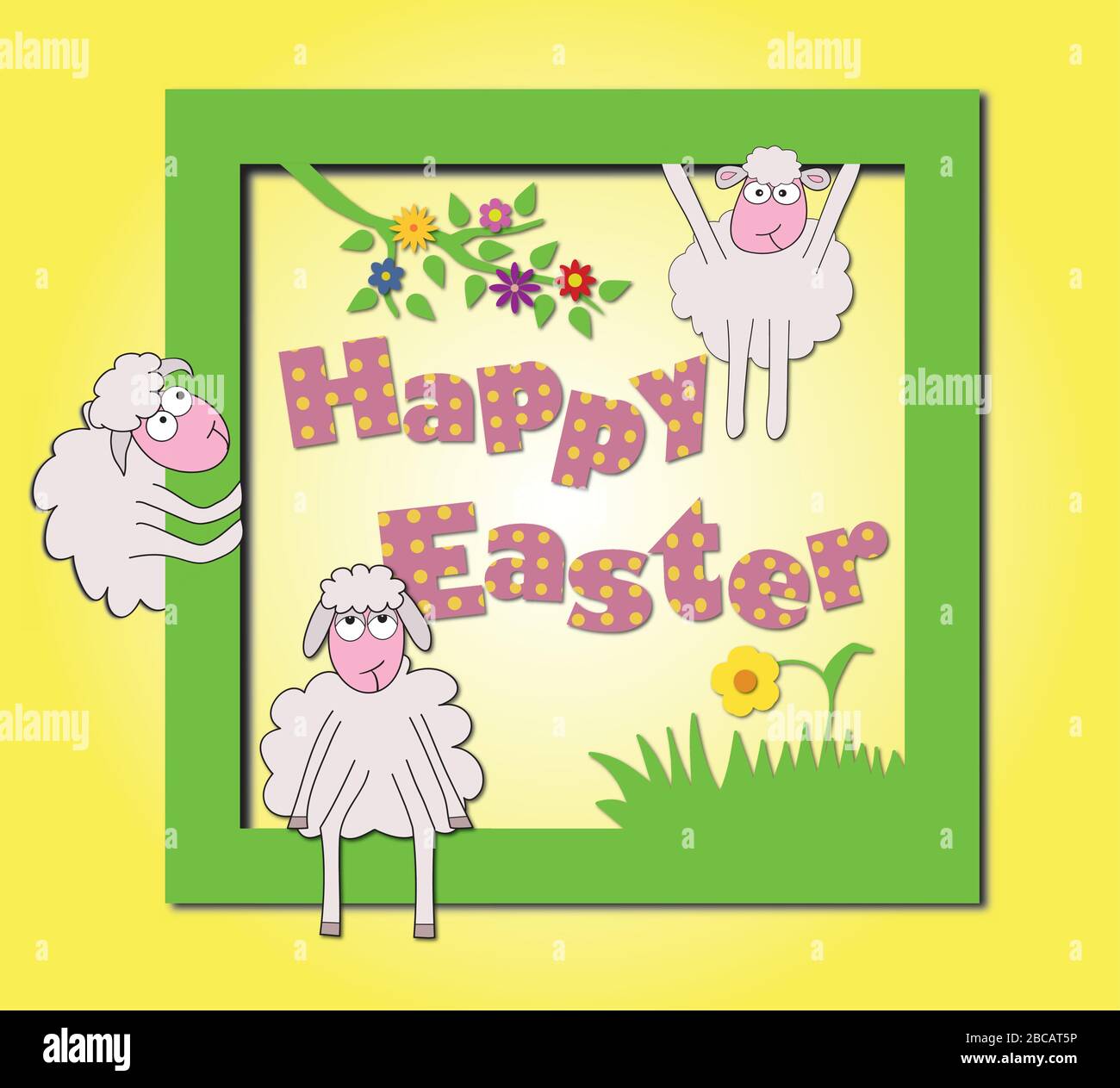 Happy Easter concept. Vector illustration with funny sheep and flowers Stock Vector