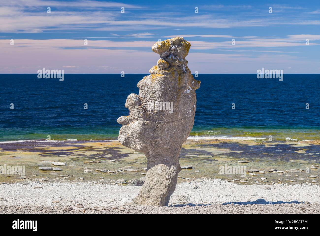 Sweden, Faro Island, Langhammars Area, Langhammar coastal limestone raukar rock Stock Photo