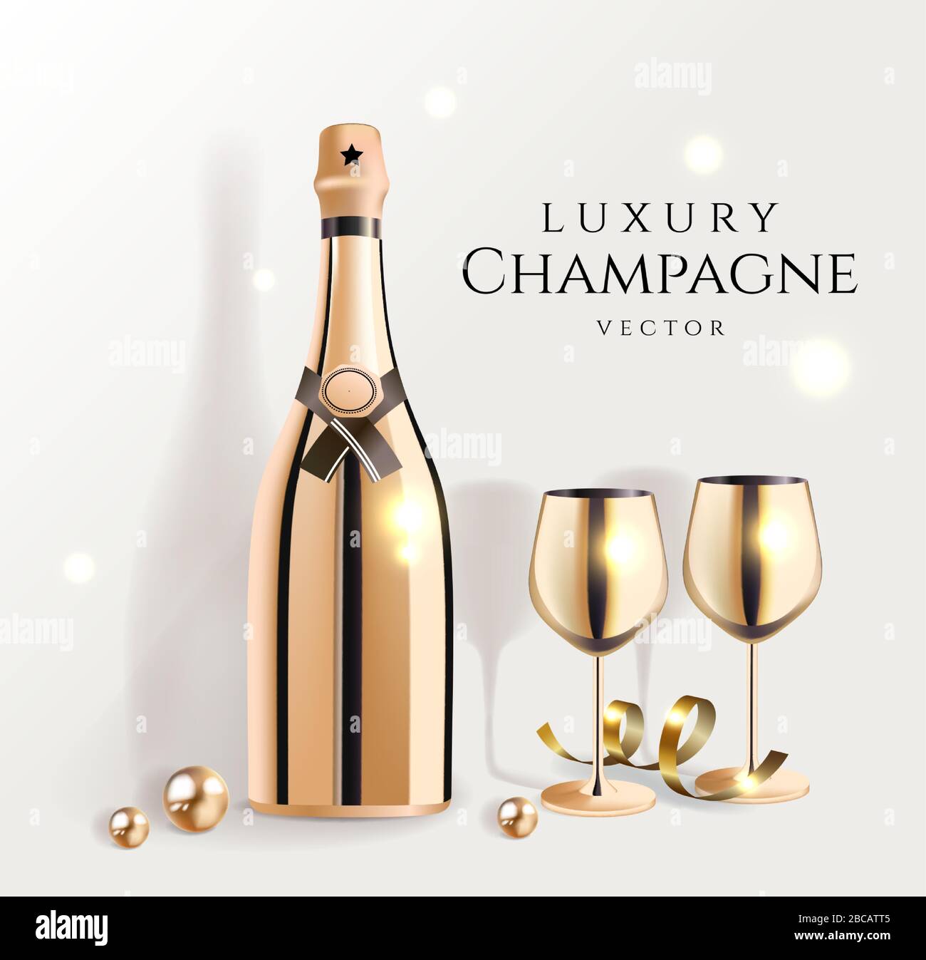 Gold champagne bottles with wine glasses, luxury festive alcohol products for celebration, vector illustration. Stock Vector