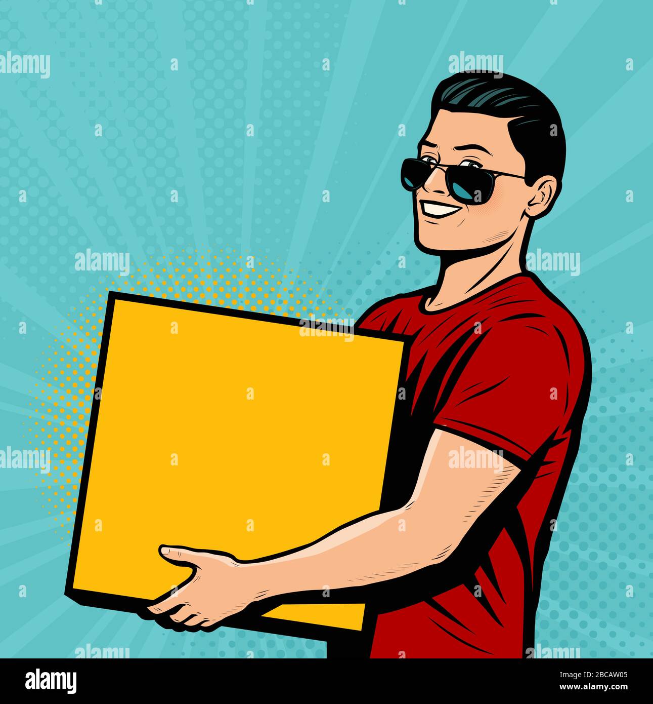 Man with box in his hands. Retro comic pop art vector illustration Stock Vector