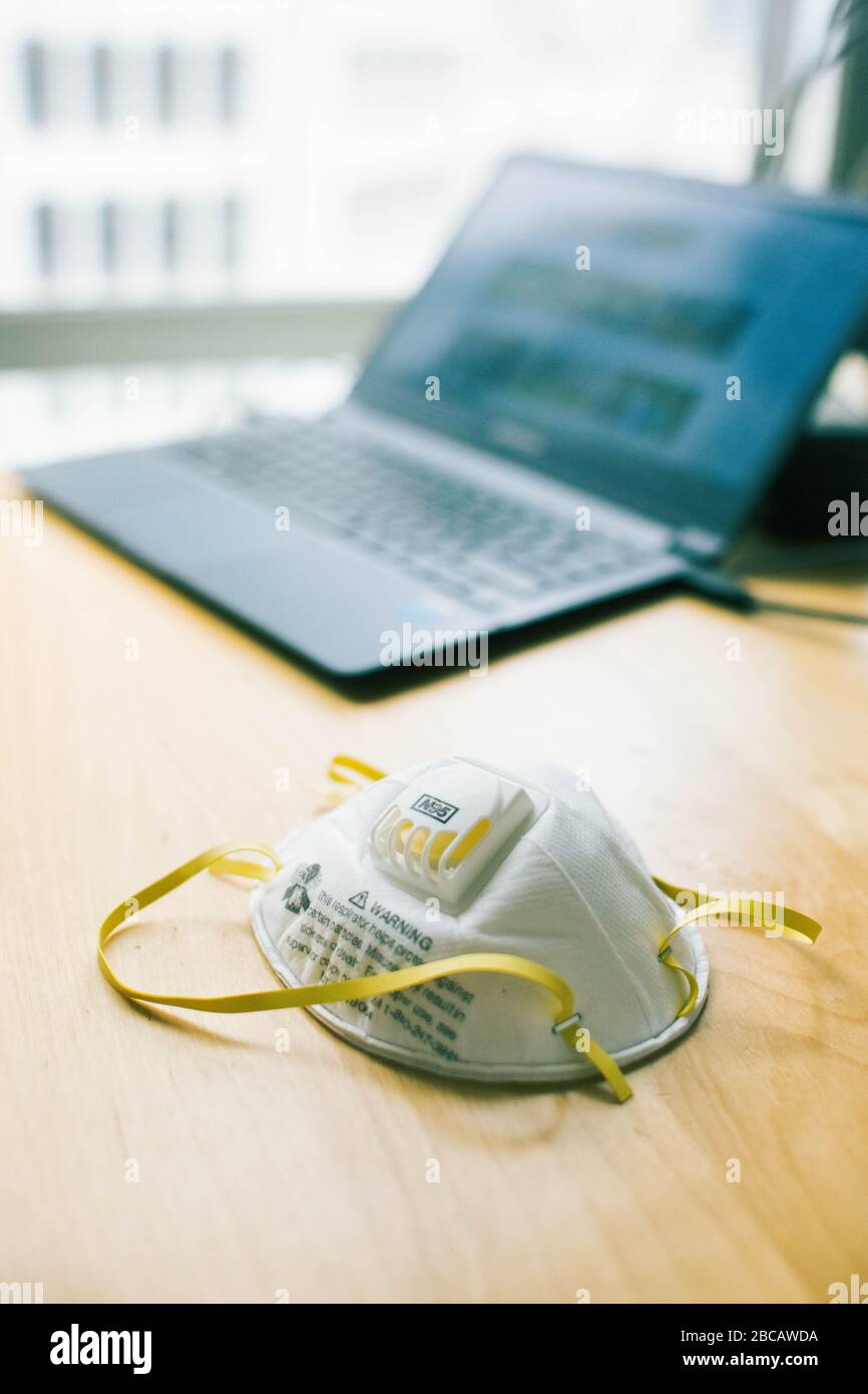 close up of a n95 respirator mask for home quarantine or coronavirus prevention concept. Stock Photo