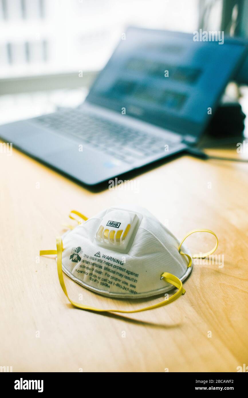 close up of a n95 respirator mask for home quarantine or coronavirus prevention concept. Stock Photo