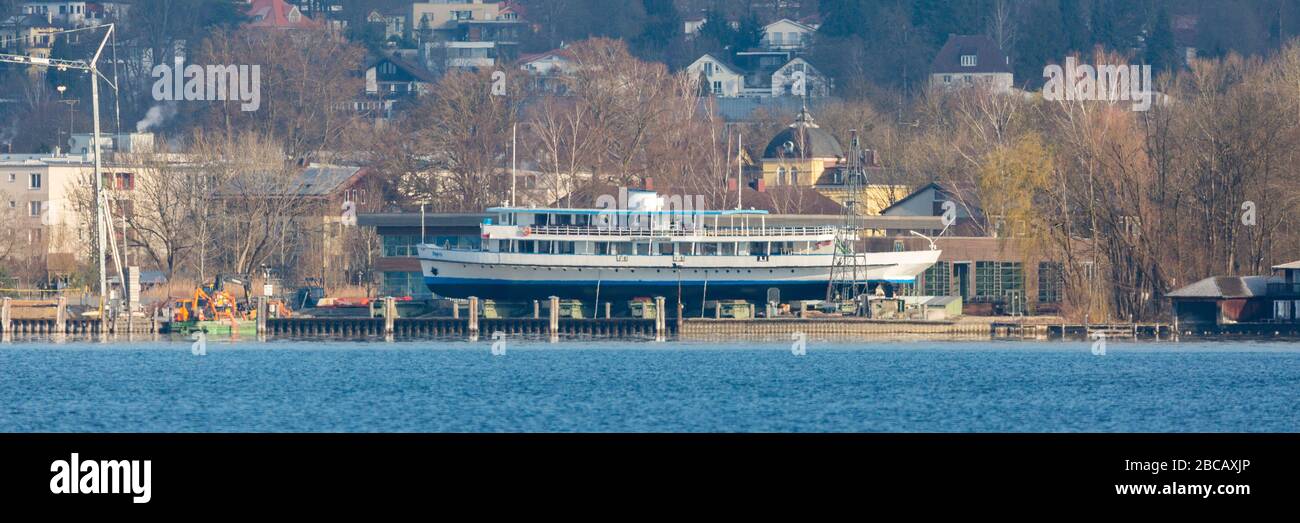 Steamer at a dry dock at Lake Starnberg. Season normally starts mid of April, however due to Covid-19 boat services are suspended until further notice Stock Photo
