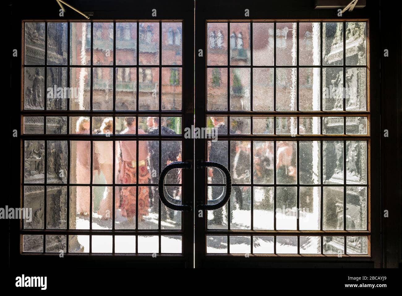 Sweden, Scania, Lund, Lund domkyrka cathedral, view through glass door Stock Photo