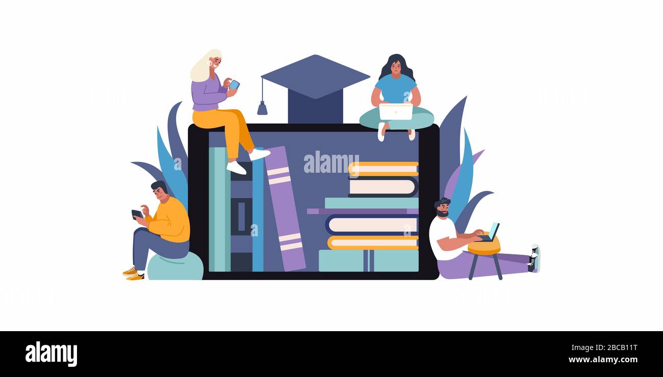 E-learning education concept flat vector illustration. People accessing ...